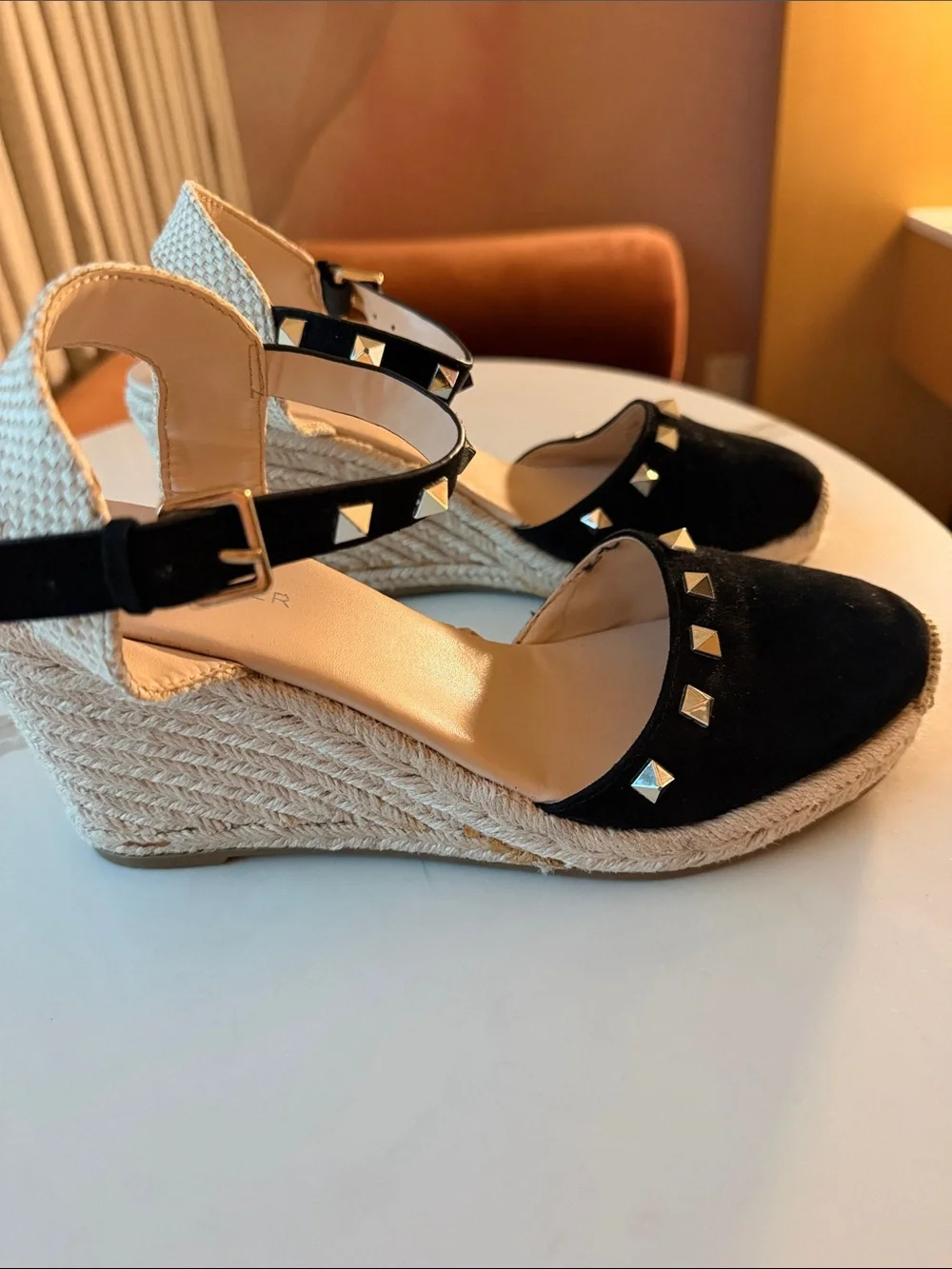 Marc Fisher Black Studded Suede Espadrille Wedges, size 8.5, EUC